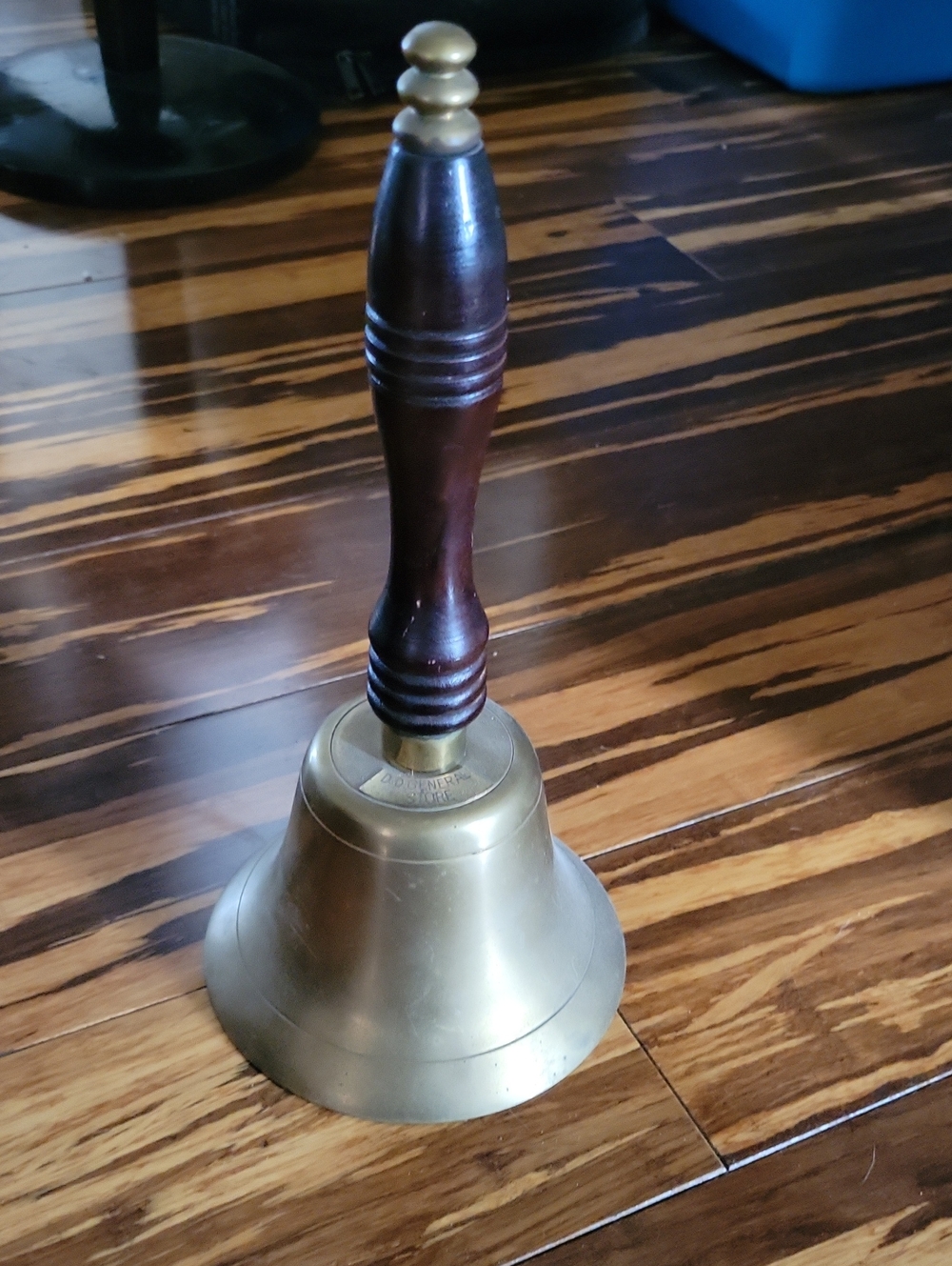 Vintage Brass Hand Bell with Dark Wood Handle